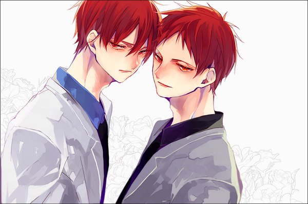 Anime picture 891x590 with kuroko no basket production i.g akashi seijuurou hanamori looking at viewer fringe short hair simple background hair between eyes white background upper body red hair dual persona boy uniform school uniform