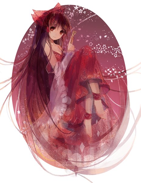 Anime picture 1000x1294 with touhou hakurei reimu lyiet single tall image looking at viewer fringe smile red eyes brown hair bare shoulders holding signed bent knee (knees) long sleeves very long hair traditional clothes japanese clothes wide sleeves bare legs
