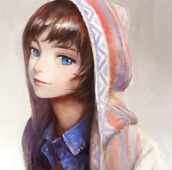 Anime picture 1920x1900 with original arata yokoyama single looking at viewer fringe highres short hair blue eyes simple background brown hair light smile close-up open collar girl hood