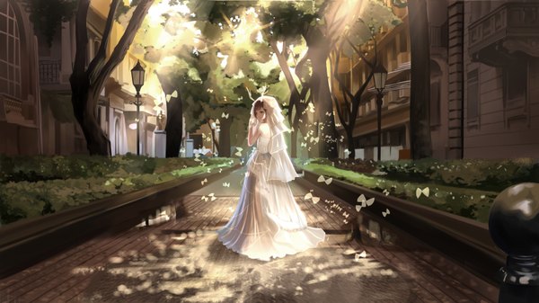 Anime picture 3199x1799 with original red flowers single highres short hair blue eyes brown hair wide image looking away street girl dress plant (plants) tree (trees) insect building (buildings) butterfly wedding dress house