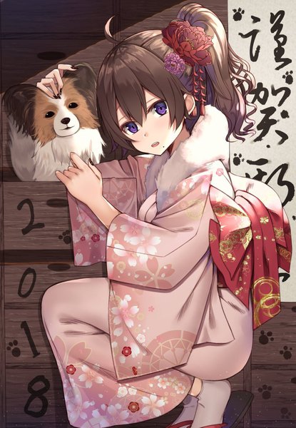 Anime picture 699x1010 with original kanikou single long hair tall image looking at viewer fringe open mouth hair between eyes purple eyes ahoge ponytail nail polish traditional clothes :d japanese clothes mole squat new year mole under mouth