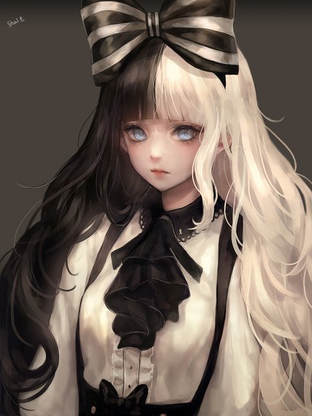 Anime picture 1772x2362 with original shale single long hair tall image looking at viewer fringe highres blue eyes black hair simple background signed upper body white hair blunt bangs multicolored hair lips grey background two-tone hair portrait