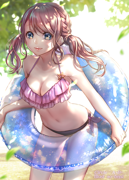 Anime picture 715x1000 with original ao+beni single long hair tall image blush fringe breasts blue eyes light erotic smile brown hair large breasts twintails bare shoulders holding signed payot braid (braids) leaning
