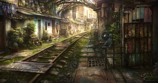 Anime picture 1280x676 with jonas de ro (jenovah-art) wide image no people plant (plants) window building (buildings) grass branch armchair clothes bench house traffic sign railways railroad tracks