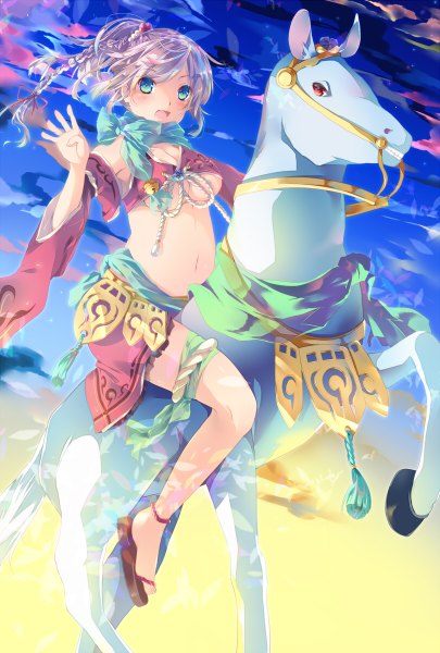 Anime picture 810x1200 with original amanatsu yuzuka long hair tall image looking at viewer blush breasts blue eyes light erotic sky silver hair cloud (clouds) girl navel detached sleeves animal bell jingle bell horse