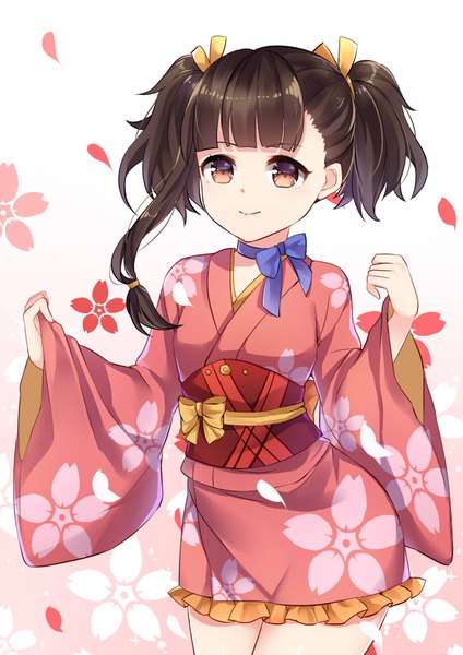 Anime picture 2480x3507 with koutetsujou no kabaneri wit studio mumei (kabaneri) chuor (chuochuoi) single long hair tall image highres black hair smile twintails brown eyes absurdres traditional clothes japanese clothes wide sleeves floral print short twintails girl hair ornament