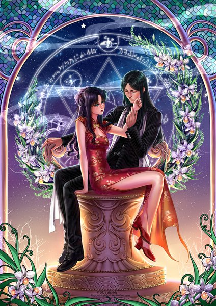 Anime picture 827x1169 with fate (series) fate/stay night fate/zero type-moon toosaka rin waver velvet alexielart long hair tall image black hair brown hair sitting green eyes signed eyes closed hair flower night night sky couple magic