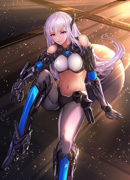 Anime picture 864x1200 with original a-line single long hair tall image light erotic smile pink hair bent knee (knees) pink eyes lips midriff light mecha musume girl navel armor planet