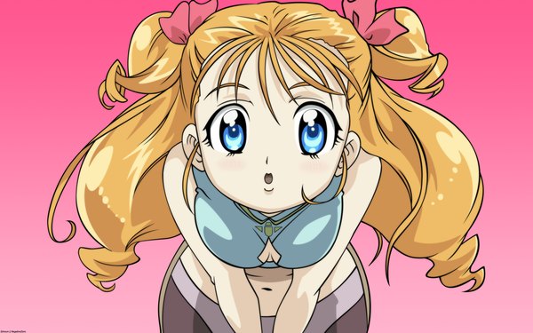 Anime picture 1920x1200 with simoun floe negativezero single long hair looking at viewer highres breasts open mouth blue eyes blonde hair wide image large breasts :o leaning two side up leaning forward pink background vector girl