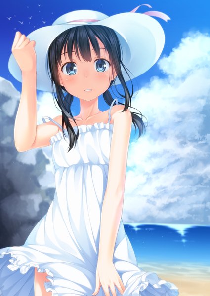 Anime picture 1000x1412 with original yuuri nayuta single long hair tall image looking at viewer blush fringe blue eyes black hair smile twintails bare shoulders payot sky cloud (clouds) outdoors parted lips wind sleeveless