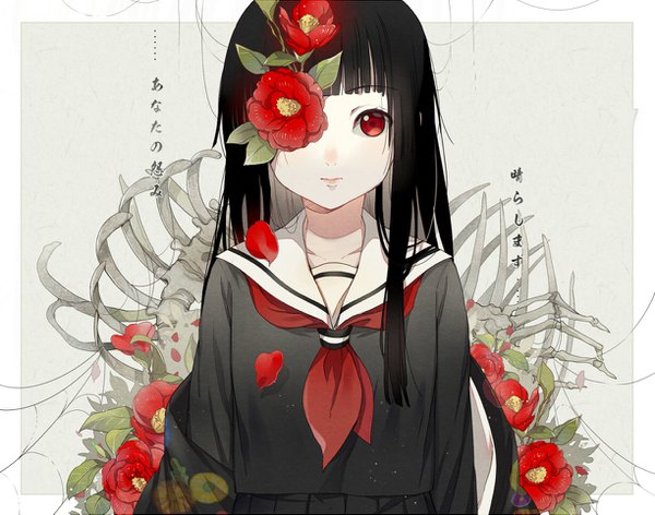 Anime picture 1224x963 with hell girl studio deen enma ai ekita xuan single long hair looking at viewer fringe black hair simple background red eyes upper body blunt bangs pleated skirt light smile text skeleton covering eye (eyes) flower over eye girl