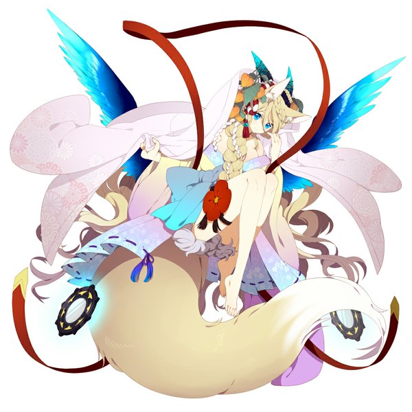 Anime picture 1000x1000 with original pixiv fantasia ni02 (asahi nini) single looking at viewer blue eyes simple background blonde hair white background animal ears tail very long hair animal tail barefoot bare legs wavy hair girl dress hair ornament flower (flowers)