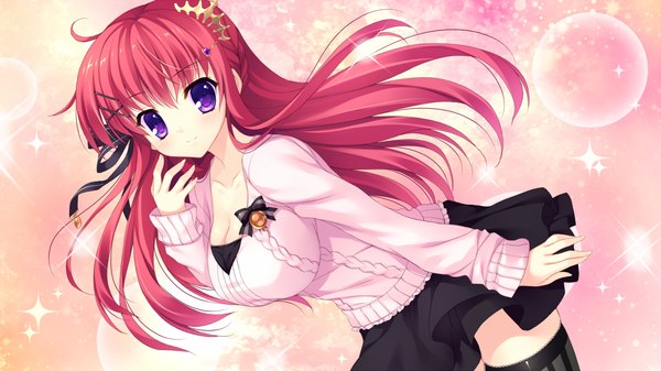 Anime picture 1280x720 with alia's carnival! ousaka asuha mitha single long hair looking at viewer blush breasts smile wide image large breasts purple eyes game cg cleavage red hair girl thighhighs skirt hair ornament bow