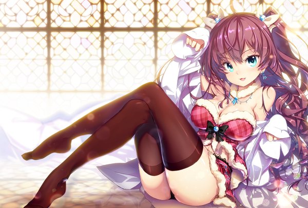 Anime picture 1000x676 with idolmaster idolmaster cinderella girls ichinose shiki hong (white spider) single long hair looking at viewer blush fringe breasts blue eyes light erotic brown hair large breasts light smile two side up crossed legs girl thighhighs underwear