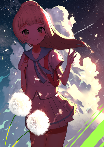 Anime picture 752x1062 with pokemon pokemon sm nintendo lillie (pokemon) akamizuki (akmzk) single long hair tall image looking at viewer blush blonde hair green eyes sky cloud (clouds) pleated skirt wind sailor collar girl skirt flower (flowers)