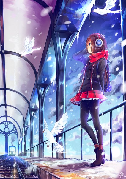 Anime picture 700x990 with original yenkoes single long hair tall image blue eyes brown hair standing looking away sky cloud (clouds) pleated skirt sunlight smoke snow sunbeam waiting girl skirt animal