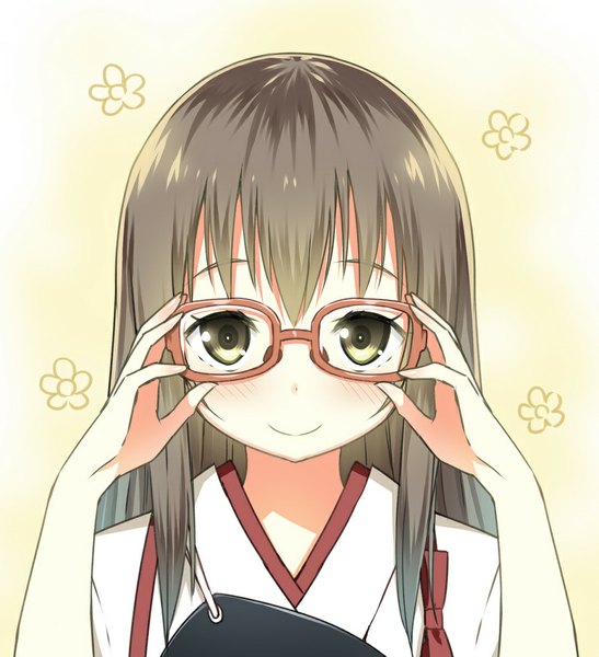 Anime picture 912x1000 with kantai collection akagi aircraft carrier sky-freedom single long hair tall image looking at viewer blush smile brown hair yellow eyes traditional clothes japanese clothes portrait adjusting glasses bespectacled girl glasses
