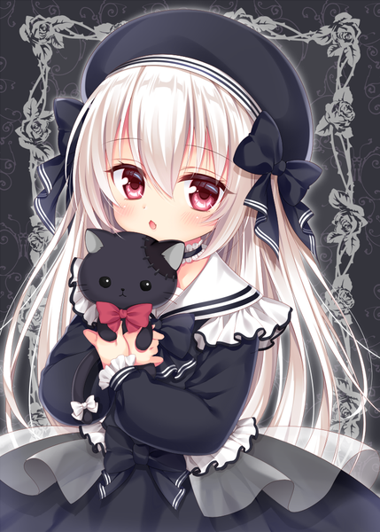 Anime picture 750x1049 with original mitsuba choco single long hair tall image looking at viewer blush fringe open mouth hair between eyes red eyes upper body white hair lolita fashion goth-loli girl toy beret stuffed animal stuffed toy