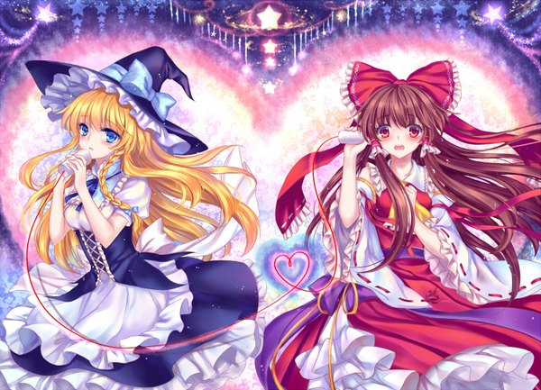 Anime picture 1500x1084 with touhou hakurei reimu kirisame marisa mirror (xilu4) long hair blush open mouth blue eyes blonde hair red eyes brown hair multiple girls heart of string girl dress bow 2 girls hair bow hat detached sleeves