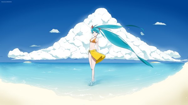Anime picture 4000x2250 with vocaloid hatsune miku sanderson single looking at viewer blush fringe highres breasts wide image standing twintails signed absurdres sky cloud (clouds) full body outdoors very long hair barefoot