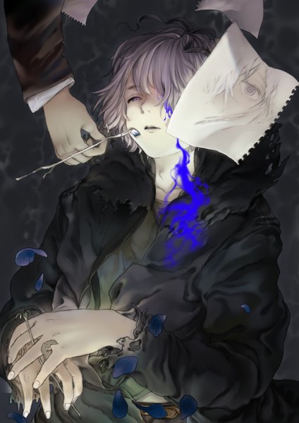 Anime picture 1240x1754 with ib (game) garry (ib) nadajima single tall image fringe short hair open mouth purple eyes holding looking away purple hair lying fingernails lips on back drawing boy petals paper