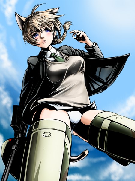Anime picture 1000x1334 with strike witches lynette bishop amaguchi chiyoko kanchiyo single tall image blush short hair breasts blue eyes light erotic blonde hair large breasts holding animal ears looking away cloud (clouds) outdoors tail braid (braids)