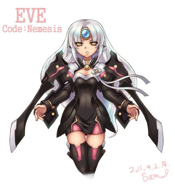 Anime picture 1270x1353 with elsword eve (elsword) ecell (artist) long hair tall image looking at viewer simple background white background yellow eyes silver hair girl clothes