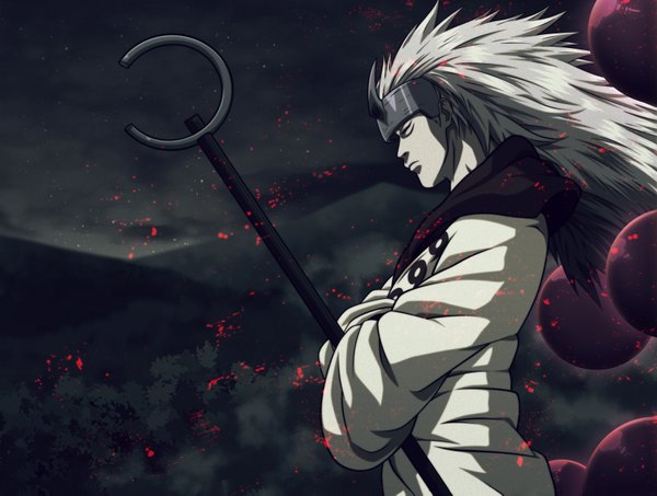 Anime picture 1690x1277 with naruto studio pierrot naruto (series) uchiha madara iitheyahikodarkii single long hair silver hair eyes closed profile horn (horns) night coloring crossed arms mountain boy staff