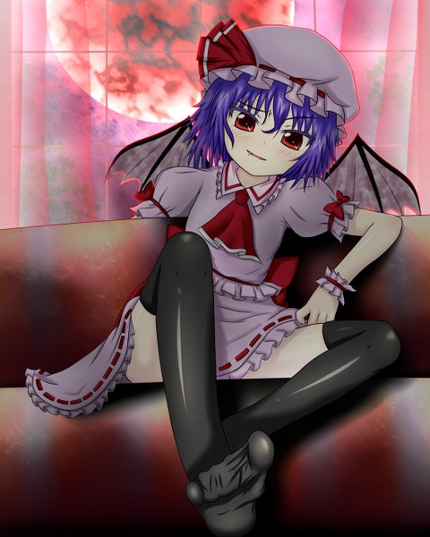 Anime picture 1080x1350 with touhou remilia scarlet toranashi (artist) tall image blush short hair red eyes purple hair bat wings girl thighhighs skirt black thighhighs hat wings moon skirt set