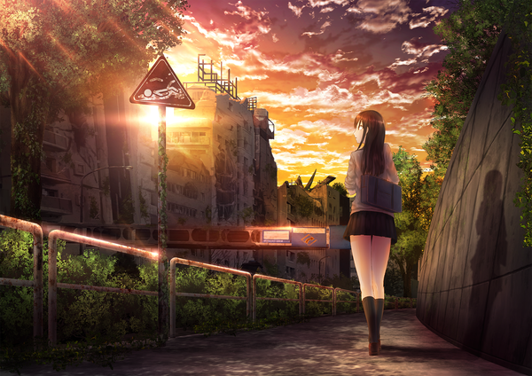 Anime picture 1800x1273 with original crep single long hair highres brown hair brown eyes looking away sky cloud (clouds) outdoors profile pleated skirt sunlight shadow evening sunset ruins overgrown girl