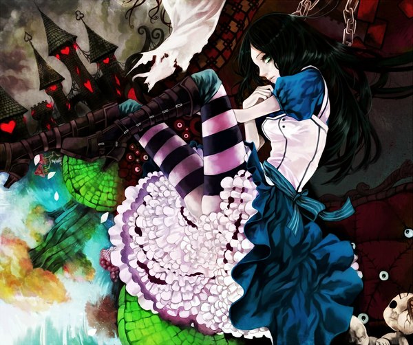 Anime picture 1024x858 with american mcgee's alice (game) alice: madness returns alice (american mcgee's) long hair black hair green eyes girl thighhighs dress boots heart chain striped thighhighs castle doll (dolls)