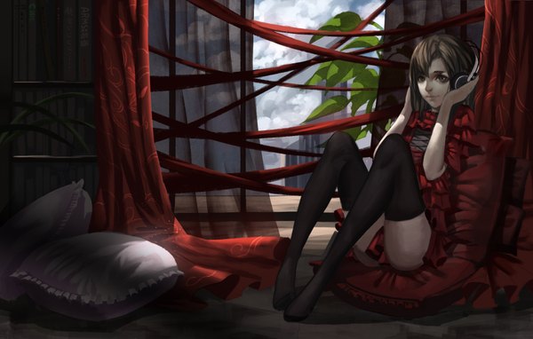 Anime picture 2048x1305 with original baka (mh6516620) single long hair looking at viewer highres brown hair sitting brown eyes bent knee (knees) no shoes zettai ryouiki hand on head girl thighhighs dress black thighhighs headphones pillow red dress