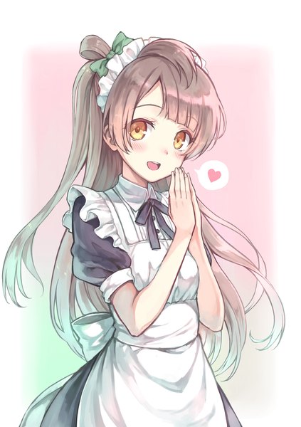 Anime picture 1000x1419 with love live! school idol project sunrise (studio) love live! minami kotori hiten (hitenkei) single long hair tall image looking at viewer open mouth brown hair yellow eyes maid one side up hands clasped girl dress headdress heart maid headdress