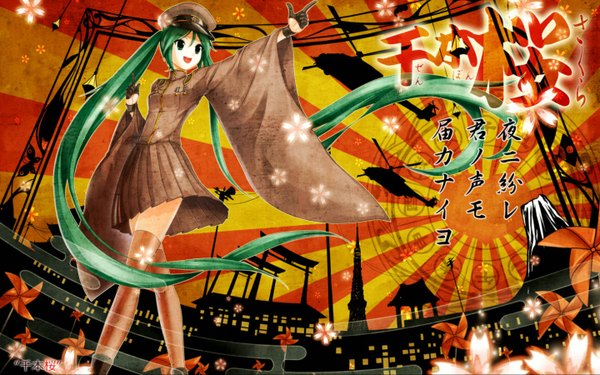 Anime picture 1440x900 with vocaloid senbonzakura (vocaloid) hatsune miku r.p.s single open mouth blue eyes wide image twintails very long hair long sleeves green hair mountain girl thighhighs skirt gloves flower (flowers) peaked cap helicopter