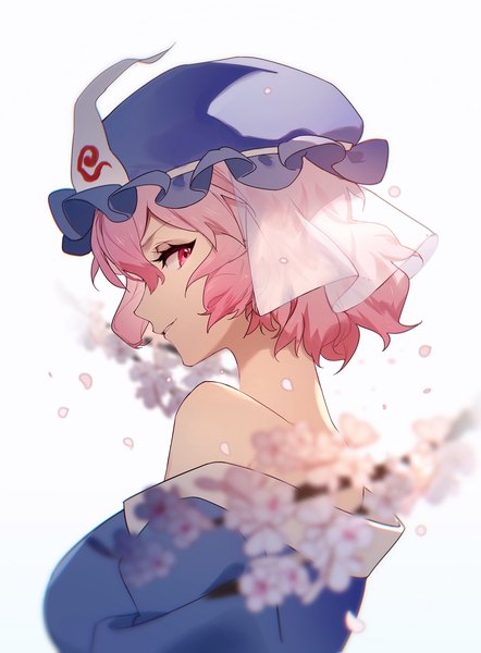 Anime picture 1406x1910 with touhou saigyouji yuyuko hua ben wuming single tall image fringe short hair hair between eyes pink hair upper body profile pink eyes depth of field cherry blossoms portrait girl hat petals bonnet branch