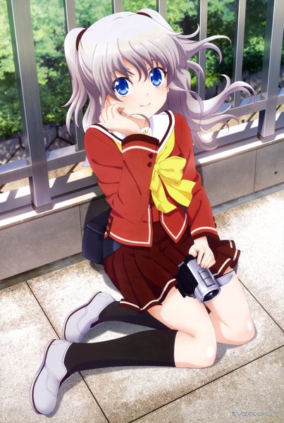 Anime picture 6074x9050 with charlotte p.a. works tomori nao single long hair tall image highres blue eyes absurdres silver hair official art two side up girl uniform school uniform socks shoes black socks uwabaki