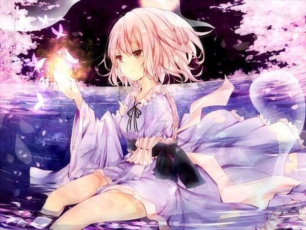Anime picture 1500x1125 with touhou saigyouji yuyuko misa (kaeruhitode) single blush short hair sitting looking away pink hair pink eyes cherry blossoms girl dress plant (plants) petals tree (trees) water insect butterfly