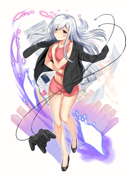 Anime picture 1050x1500 with original coca-cola asahi (company) asahi (beer) neeko arudehido single long hair tall image blush fringe breasts light erotic red eyes large breasts looking away silver hair full body from above hair over one eye