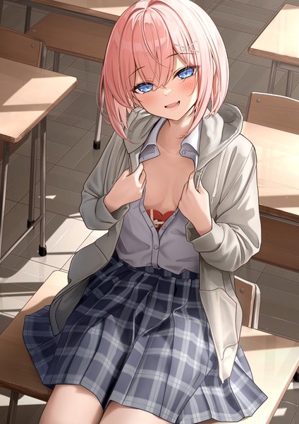 Anime picture 1191x1684 with original monaka curl single tall image looking at viewer blush fringe short hair open mouth blue eyes light erotic hair between eyes pink hair head tilt :d no bra plaid skirt partially open clothes valentine classroom