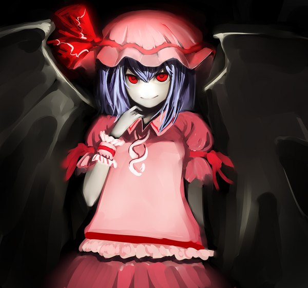Anime picture 1600x1500 with touhou remilia scarlet hama2224 single short hair smile red eyes blue hair girl wings wrist cuffs bonnet