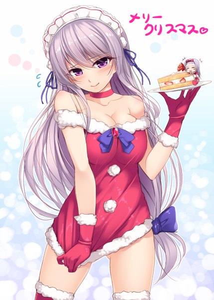 Anime picture 1274x1782 with original chobipero single long hair tall image blush light erotic purple eyes bare shoulders silver hair christmas merry christmas girl dress gloves bow hair bow headdress sweets maid headdress