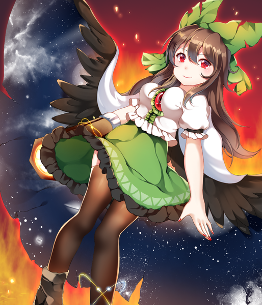 Anime picture 1200x1400 with touhou reiuji utsuho papo single long hair tall image looking at viewer blush smile red eyes brown hair nail polish from below red nail polish starry sky print arm cannon girl thighhighs bow weapon