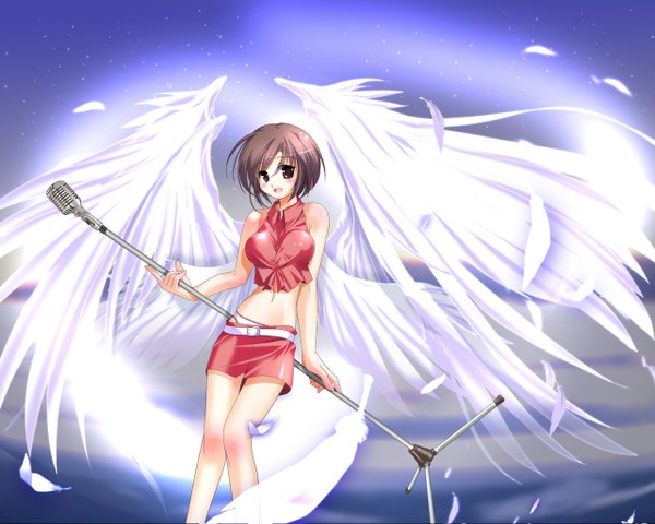 Anime picture 1280x1024 with vocaloid meiko tomoshow single looking at viewer blush short hair open mouth brown hair standing brown eyes midriff angel wings knees touching multiple wings girl skirt miniskirt wings feather (feathers)