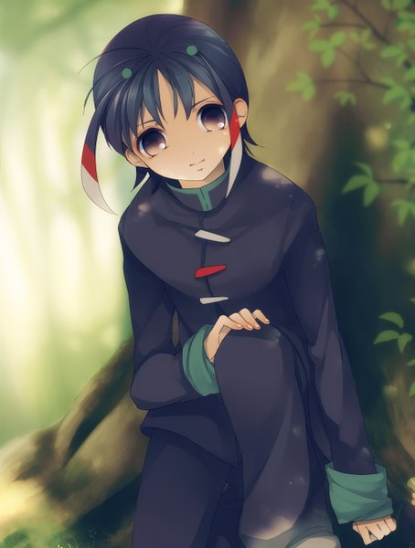 Anime picture 1000x1320 with inazuma eleven inazuma eleven go shuu (inazuma eleven) etomai single tall image looking at viewer short hair black hair sitting brown eyes ahoge light smile boy uniform plant (plants) school uniform tree (trees) forest