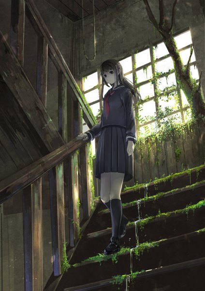 Anime picture 868x1228 with original koruse single long hair tall image black hair black eyes girl skirt uniform plant (plants) socks serafuku necktie window black socks stairs