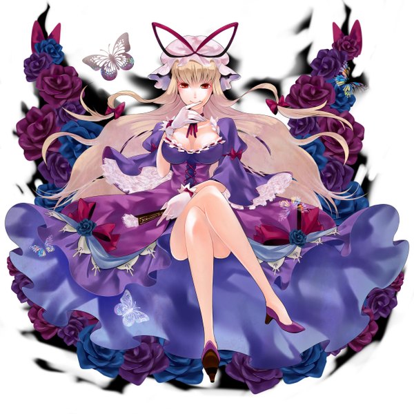 Anime picture 2500x2500 with touhou yakumo yukari zen (raspberry) single long hair looking at viewer highres blonde hair red eyes white background crossed legs finger to mouth girl dress gloves flower (flowers) bow hair bow frills rose (roses)