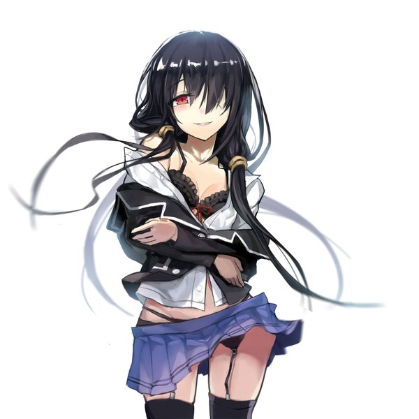 Anime picture 3069x3069 with date a live tokisaki kurumi kamiljm single long hair looking at viewer blush fringe highres light erotic black hair simple background smile red eyes white background twintails absurdres cleavage pleated skirt blurry