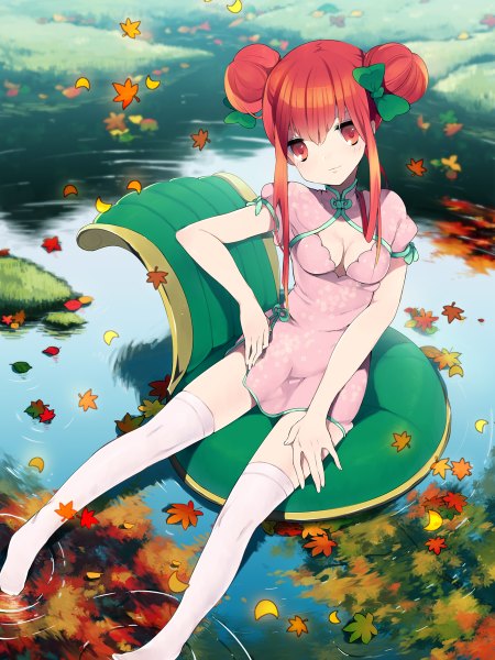 Anime picture 900x1200 with original rugo single tall image looking at viewer red eyes sitting red hair hair bun (hair buns) chinese clothes girl thighhighs bow hair bow white thighhighs leaf (leaves) chinese dress autumn leaves