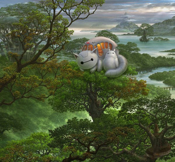 Anime picture 1617x1500 with tonari no totoro big hero 6 studio ghibli disney totoro nekobus ucchiey sky cloud (clouds) mountain no people crossover river nature plant (plants) animal tree (trees) water forest robot