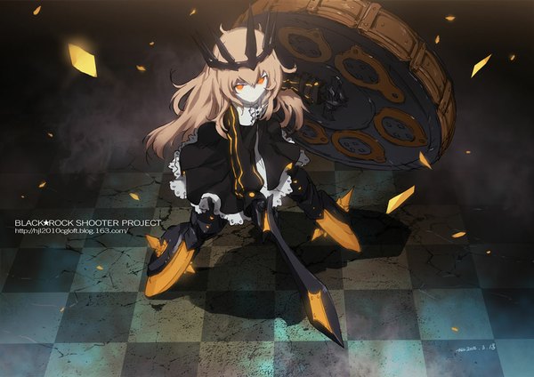 Anime picture 1110x786 with black rock shooter chariot (black rock shooter) single long hair looking at viewer highres blonde hair inscription orange eyes demon girl checkered floor girl dress weapon sword crown shield